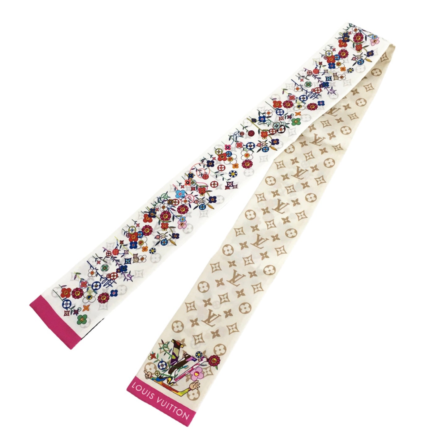 Louis Vuitton × Takashi Murakami Bandeau Superflat M96165 Silk Scarf LV Monogram Flower Slim Twilly White Pink