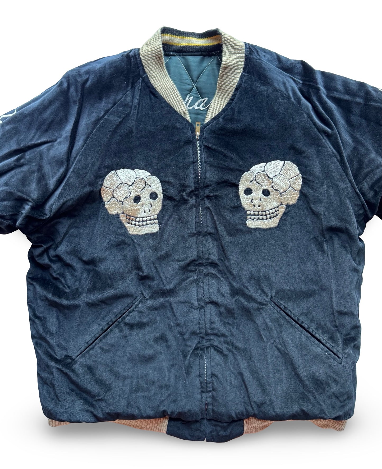 Vintage BEAMS Skull Snake Sukajan Reversible Japan Jacket, Spider Web Velveteen Bomber with Mount Fuji Pagoda Embroidery