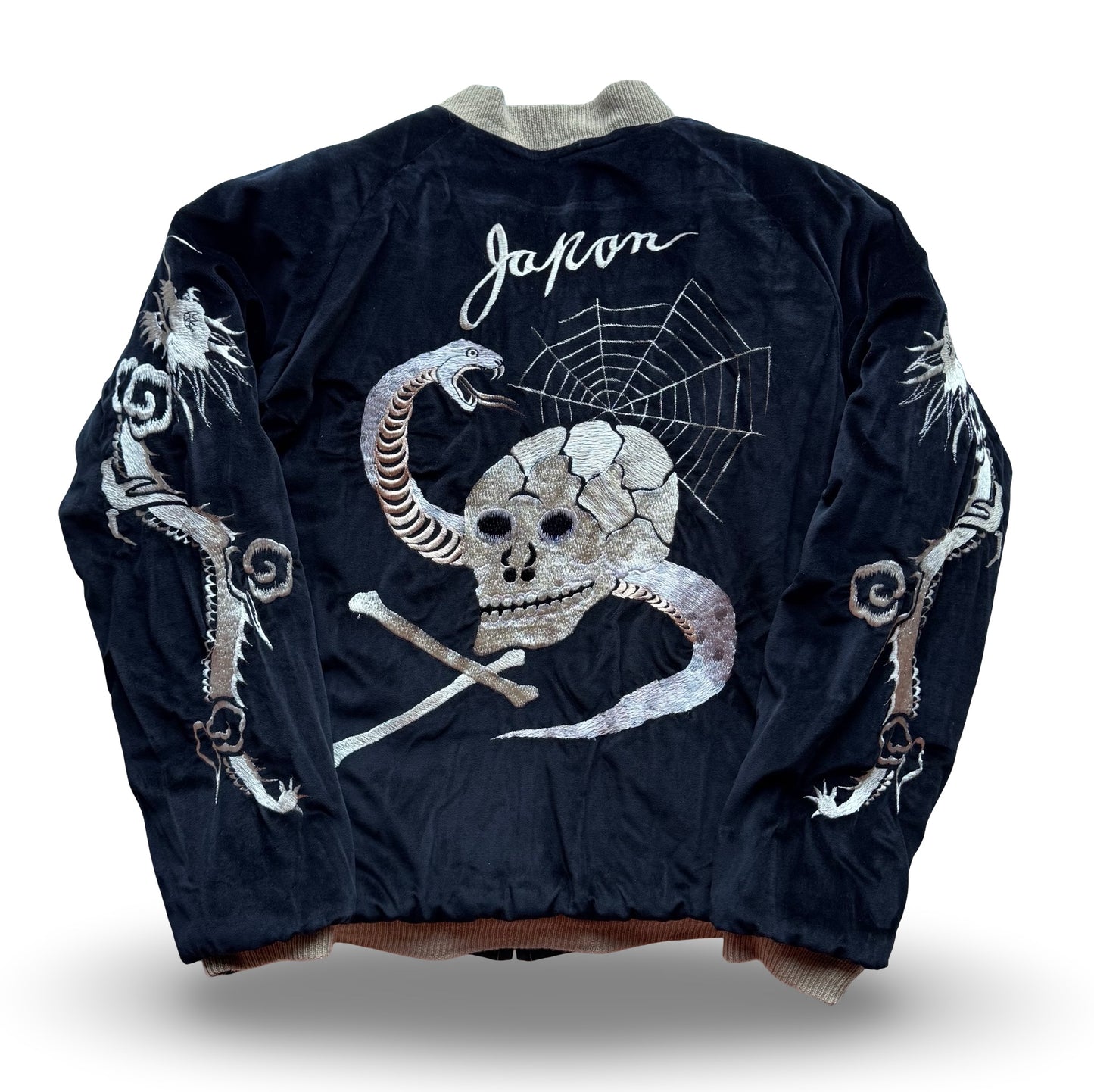 Vintage BEAMS Skull Snake Sukajan Reversible Japan Jacket, Spider Web Velveteen Bomber with Mount Fuji Pagoda Embroidery