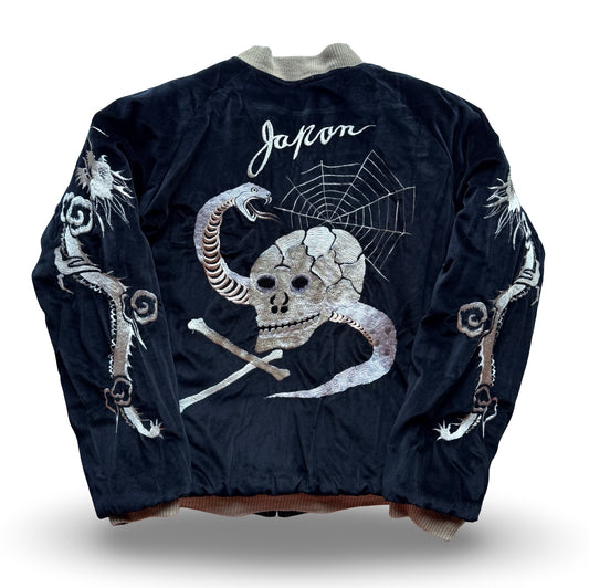Vintage BEAMS Skull Snake Sukajan Reversible Japan Jacket, Spider Web Velveteen Bomber with Mount Fuji Pagoda Embroidery
