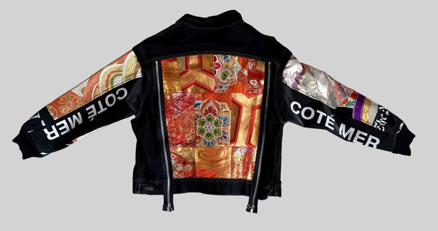 COTE MER Kimono Obi Remake Denim Jacket Silk Brocade Patchwork Japanese Upcycled Designer Jacket L XL