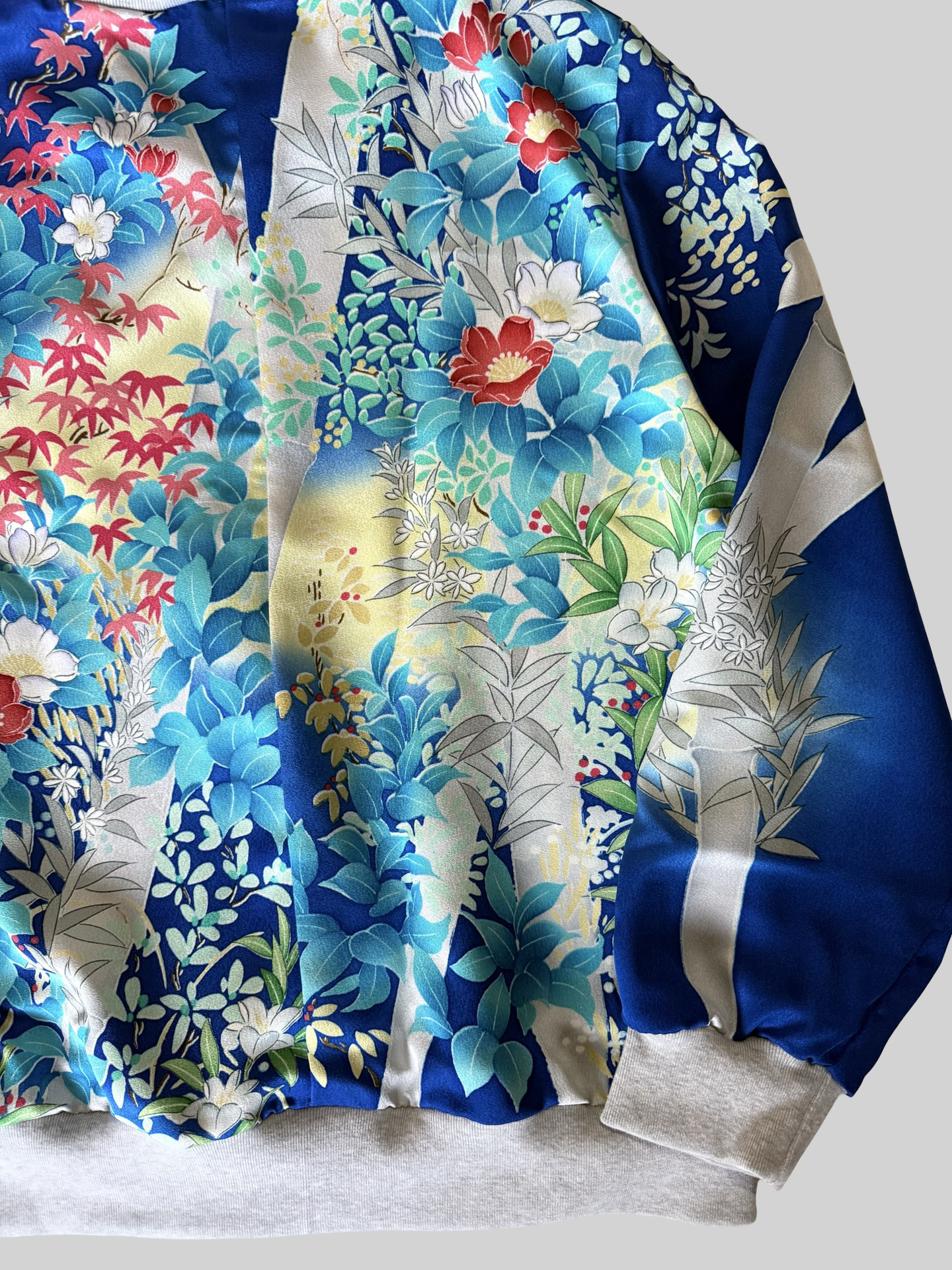 Vintage Kimono Remake Bomber Jacket Blue Floral Camellia Silk Upcycled Japanese Wearable Art Jacket Unisex Free Size S M
