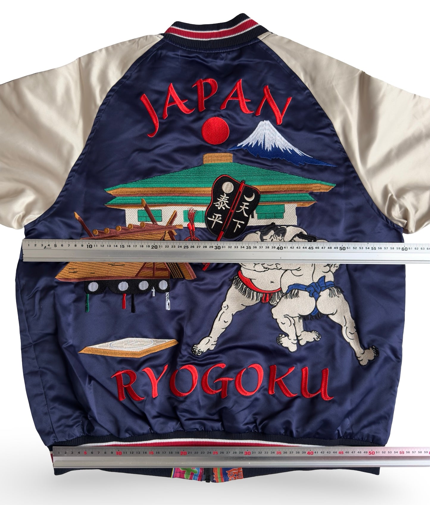 Dope Reversible Ryogoku Sumo Sukajan Jacket – Mt. Fuji Embroidery, Neon Banner Side, Premium Japanese Souvenir Art