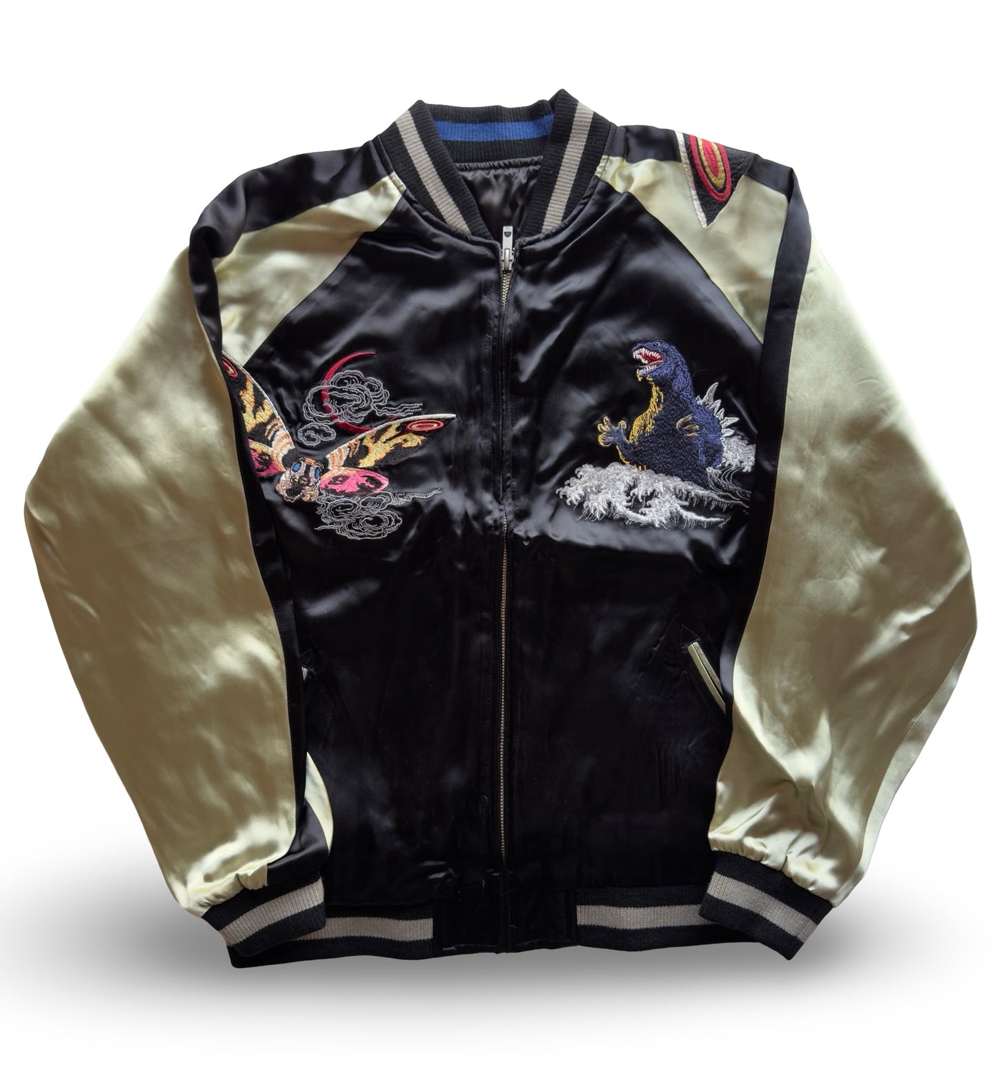 Vintage Japanese Sukajan Jacket – Godzilla × Mothra Embroidery • Kaiju Souvenir Jacket • Black & Gold Satin Bomber (One-Side Emblem)