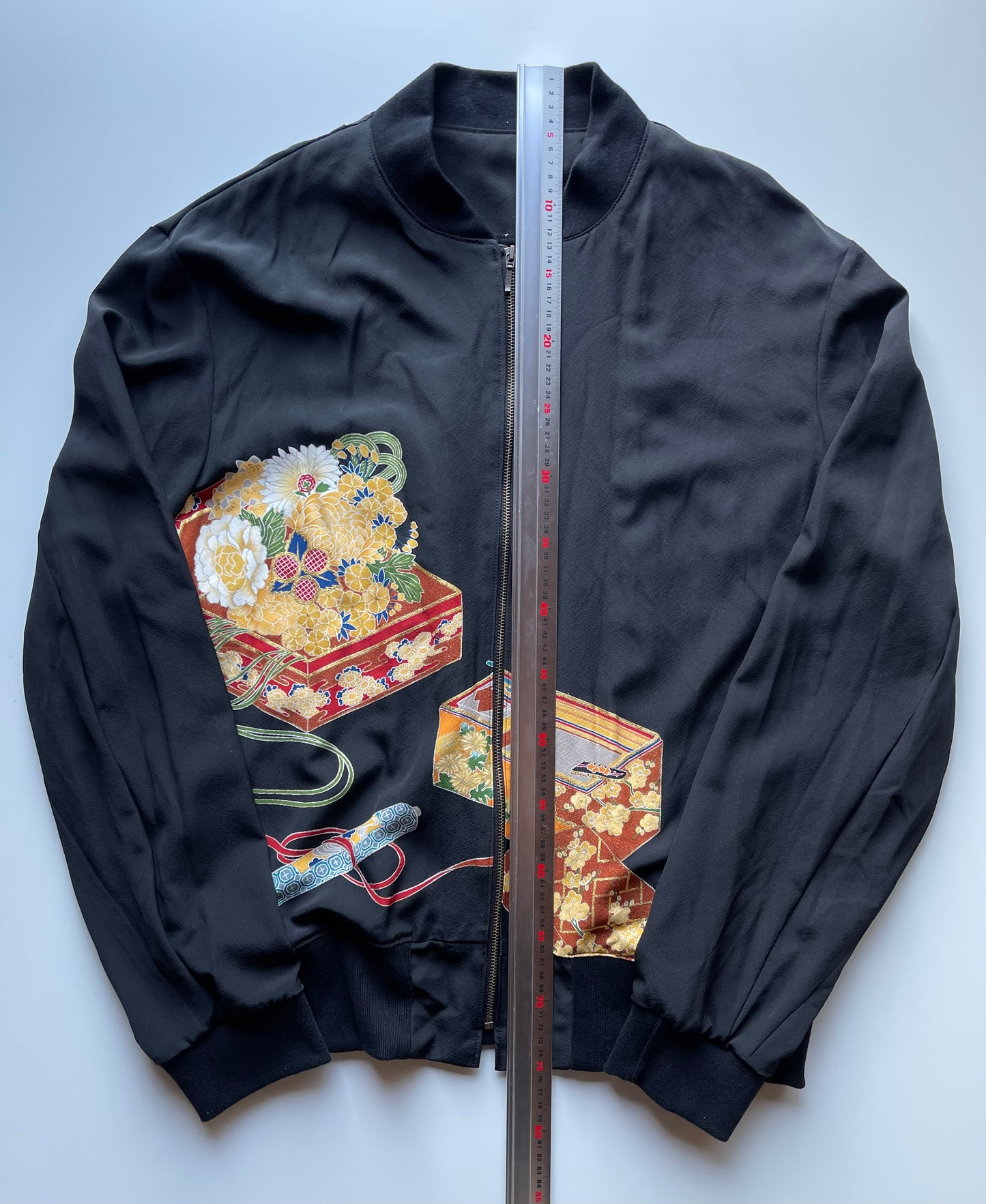 Vintage Japanese Kimono Remake Bomber Jacket | Black Wagara Floral Jacket | Handmade Upcycled Obi Textile | One-of-a-Kind Japanese Artwear