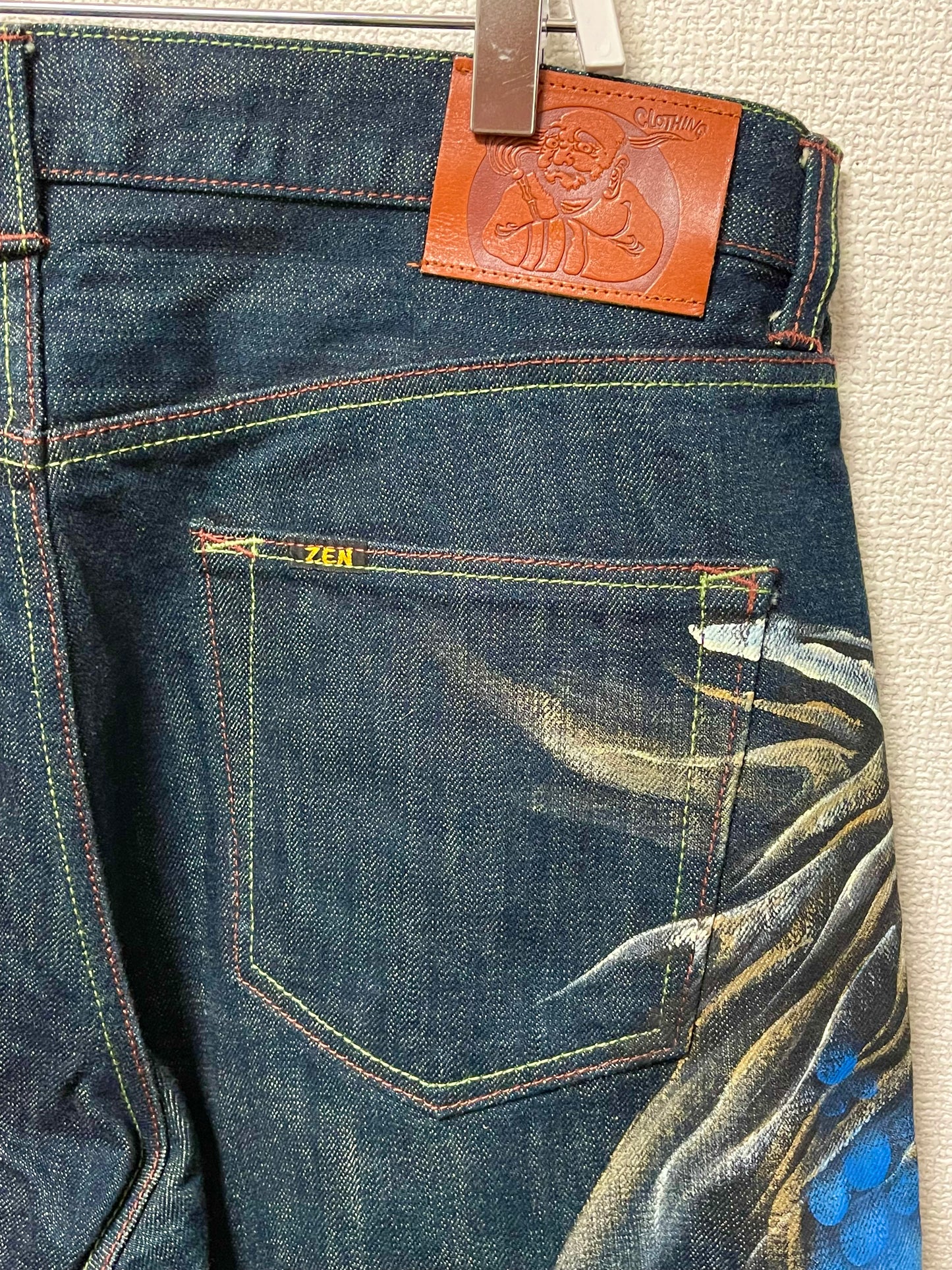 Vintage ZEN Premium Japanese Oni Shishi Hand Painted Art Denim Jeans | Made in Japan | Buddhist Guardian Yokai Streetwear