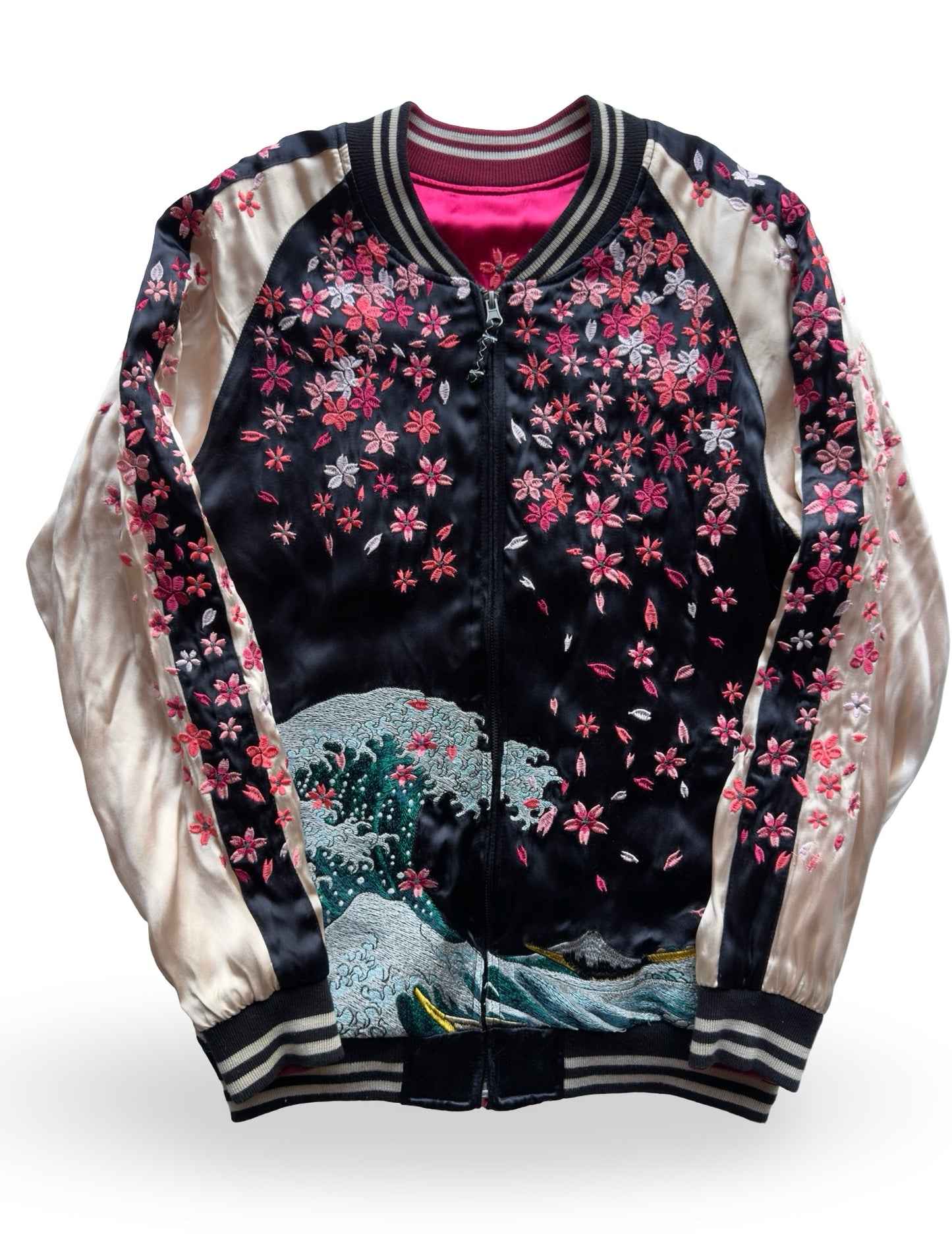 Miyabi Musubi Reversible Sukajan – Rising Koi & Hokusai Great Wave, Sakura Storm Embroidery, Japonisme Japanese Souvenir Jacket