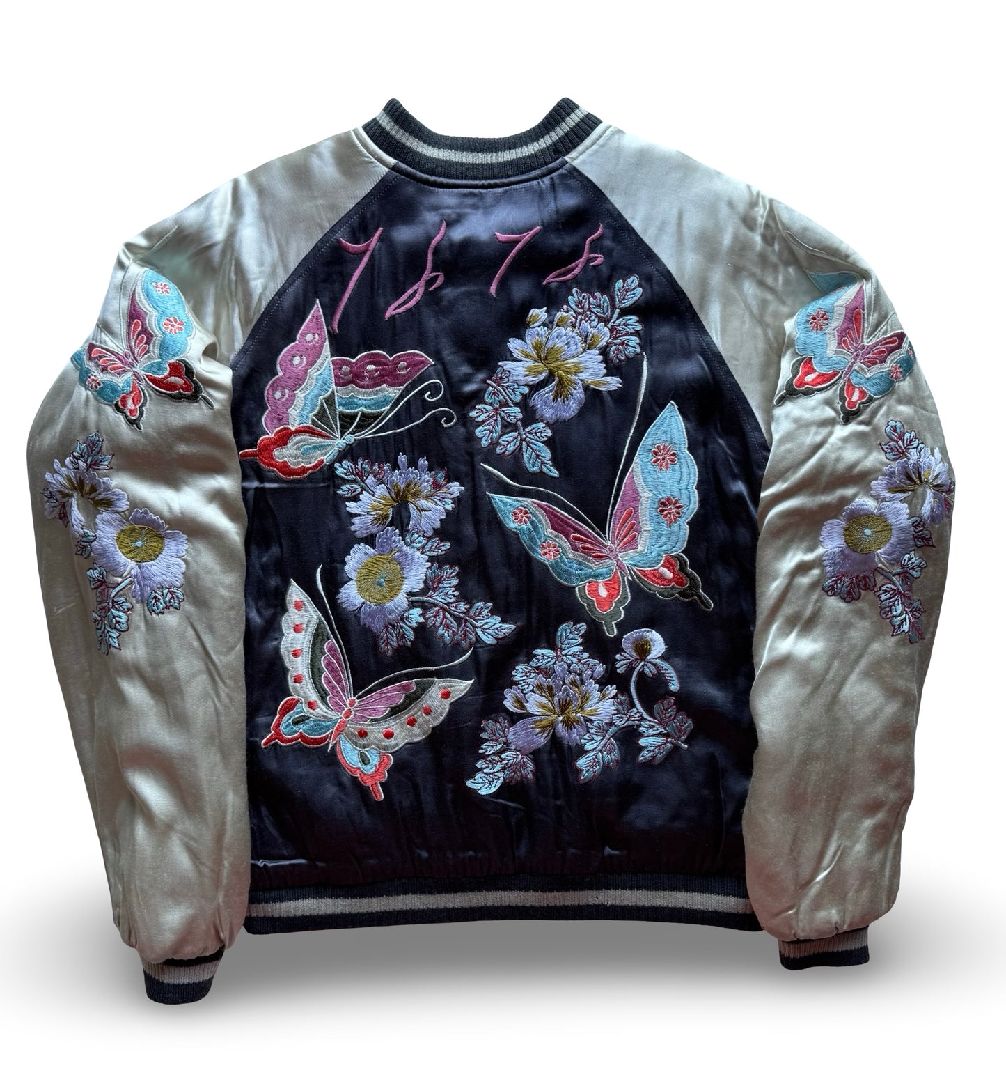 Reversible Japanese Sukajan Jacket – Butterfly & Floral Embroidery / Crane & Pine Quilted Design – Vintage Yokosuka Souvenir Jacket