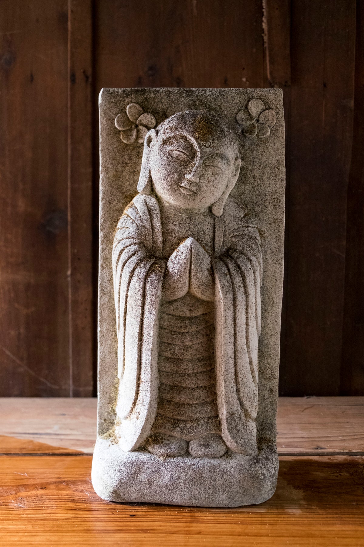 Vintage Japanese Jizo Bosatsu Stone Relief Sculpture | Gassho Prayer Buddhist Garden Statue | Sekibutsu Temple Art