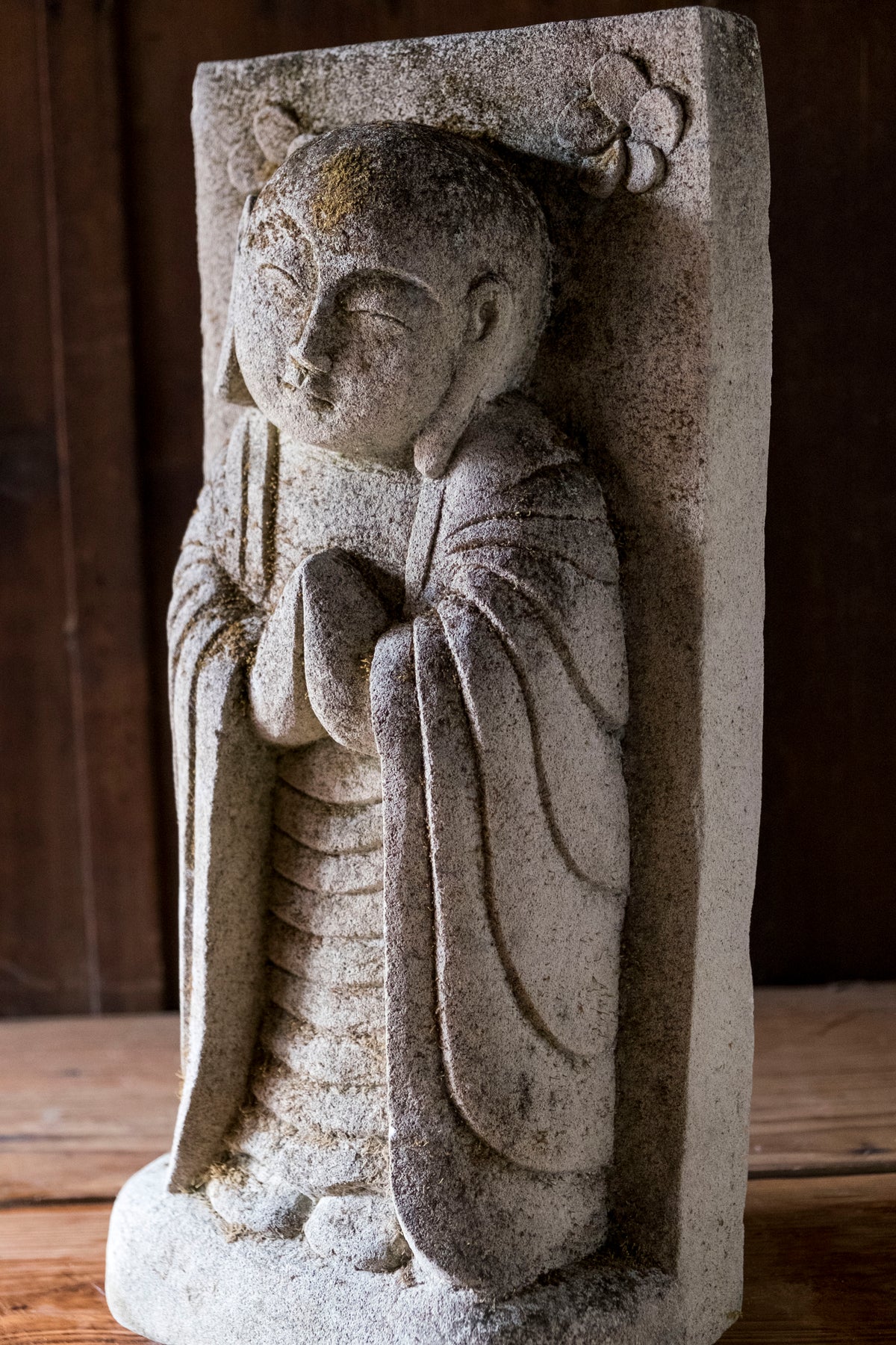 Vintage Japanese Jizo Bosatsu Stone Relief Sculpture | Gassho Prayer Buddhist Garden Statue | Sekibutsu Temple Art