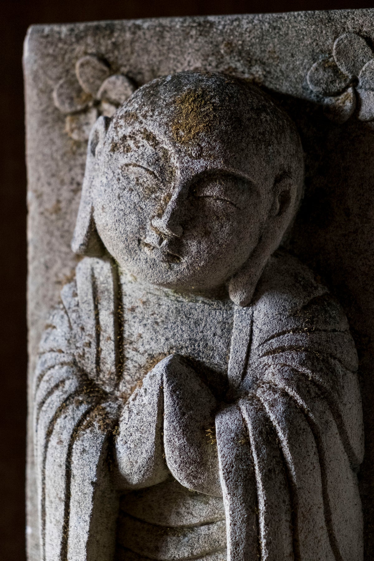 Vintage Japanese Jizo Bosatsu Stone Relief Sculpture | Gassho Prayer Buddhist Garden Statue | Sekibutsu Temple Art