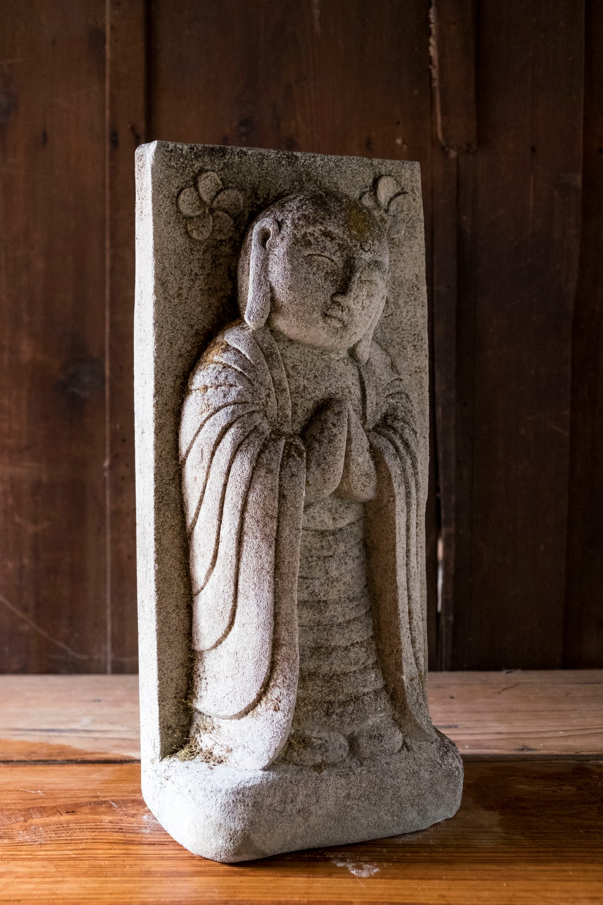 Vintage Japanese Jizo Bosatsu Stone Relief Sculpture | Gassho Prayer Buddhist Garden Statue | Sekibutsu Temple Art