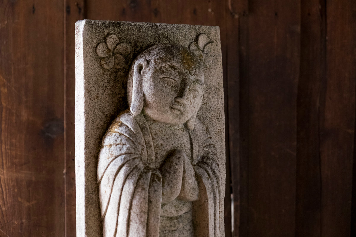 Vintage Japanese Jizo Bosatsu Stone Relief Sculpture | Gassho Prayer Buddhist Garden Statue | Sekibutsu Temple Art