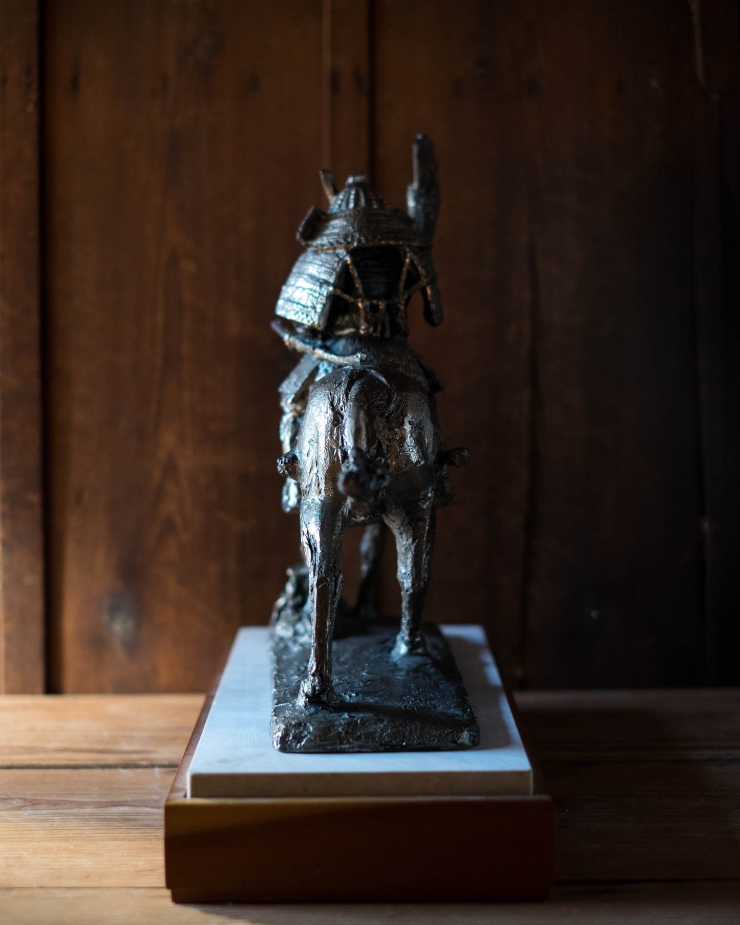 Kitamura Seibō Bronze Samurai Horse Sculpture Kumagai Naozane Signed Japanese Showa Statue with Original Box