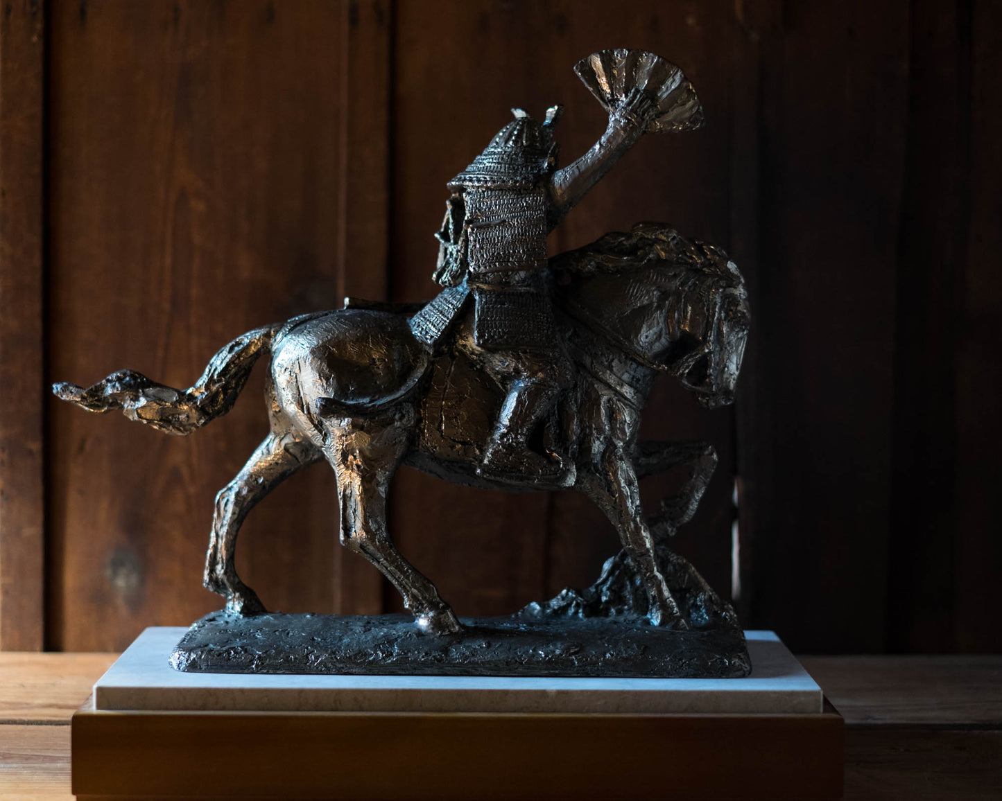 Kitamura Seibō Bronze Samurai Horse Sculpture Kumagai Naozane Signed Japanese Showa Statue with Original Box
