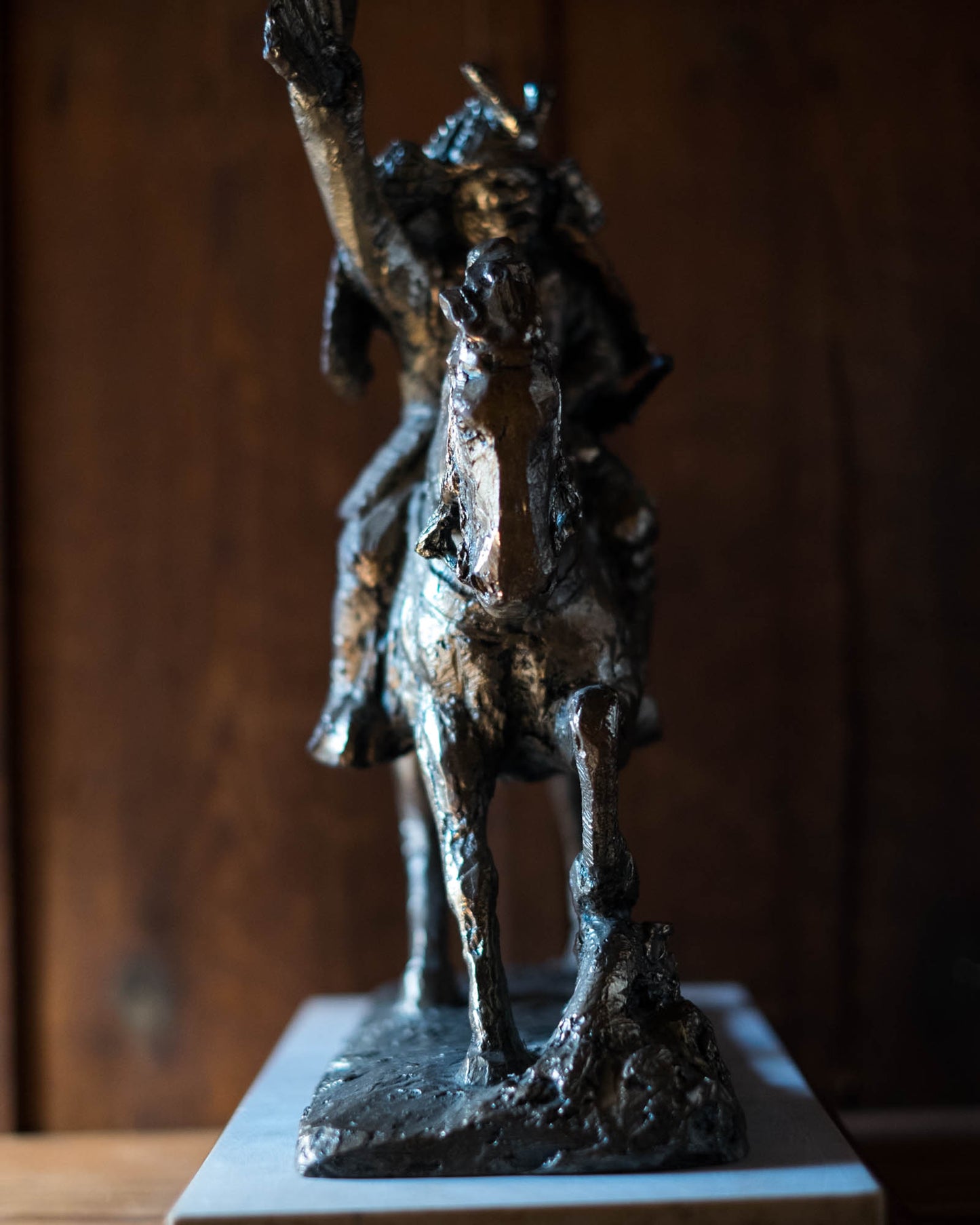 Kitamura Seibō Bronze Samurai Horse Sculpture Kumagai Naozane Signed Japanese Showa Statue with Original Box