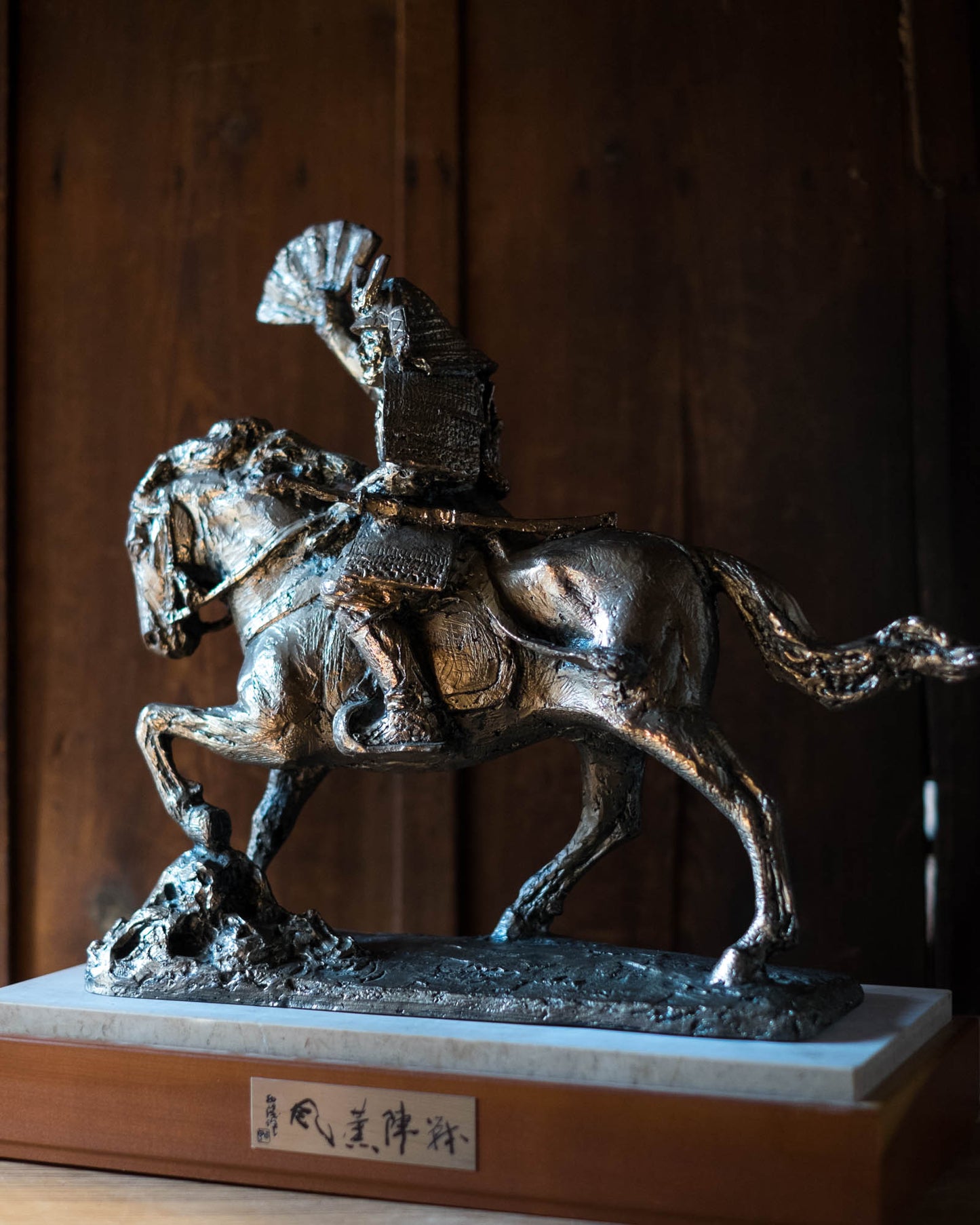 Kitamura Seibō Bronze Samurai Horse Sculpture Kumagai Naozane Signed Japanese Showa Statue with Original Box