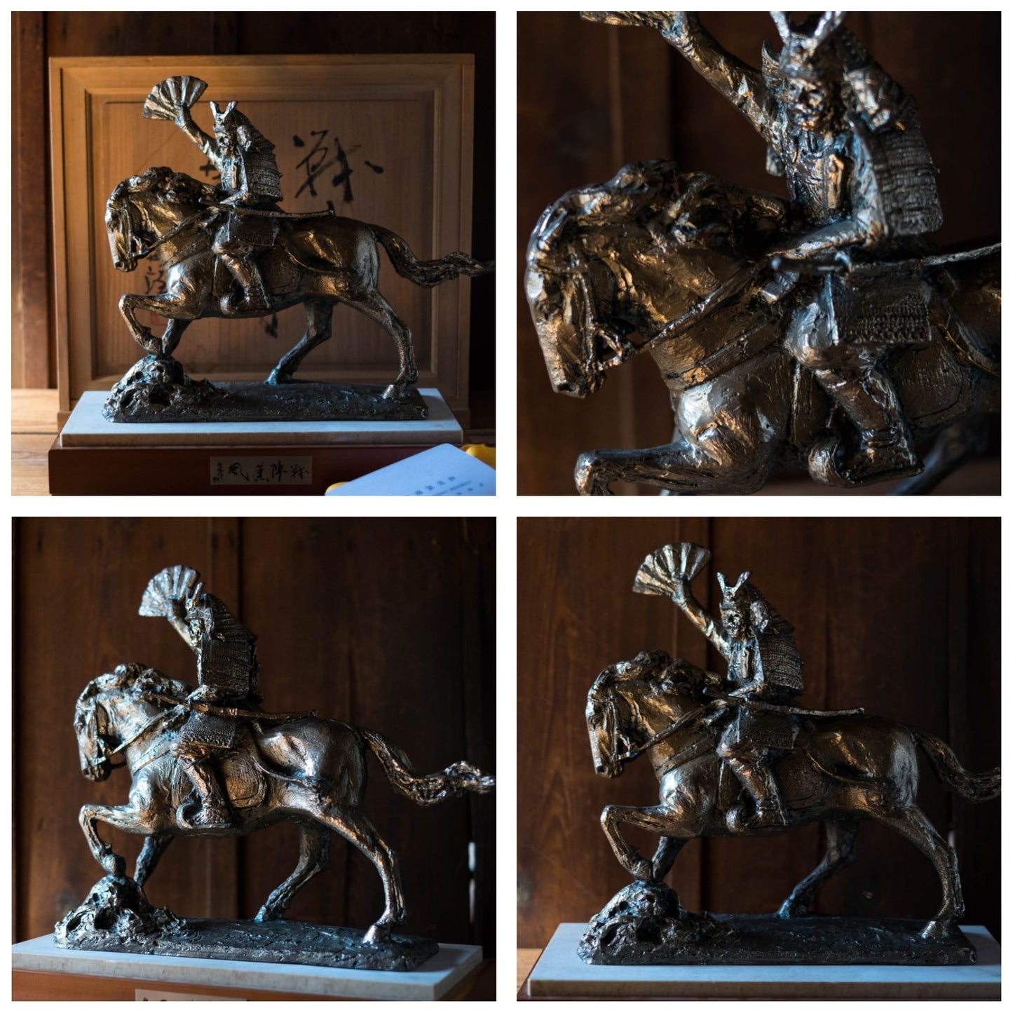 Kitamura Seibō Bronze Samurai Horse Sculpture Kumagai Naozane Signed Japanese Showa Statue with Original Box