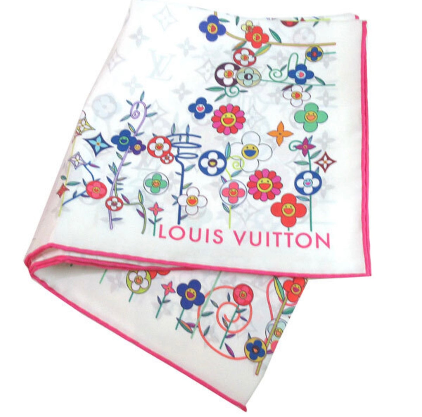 Louis Vuitton × Takashi Murakami Carré 90 Silk Scarf M96263 Superflat Framboise Multicolor Flower LV Monogram Art Collectible