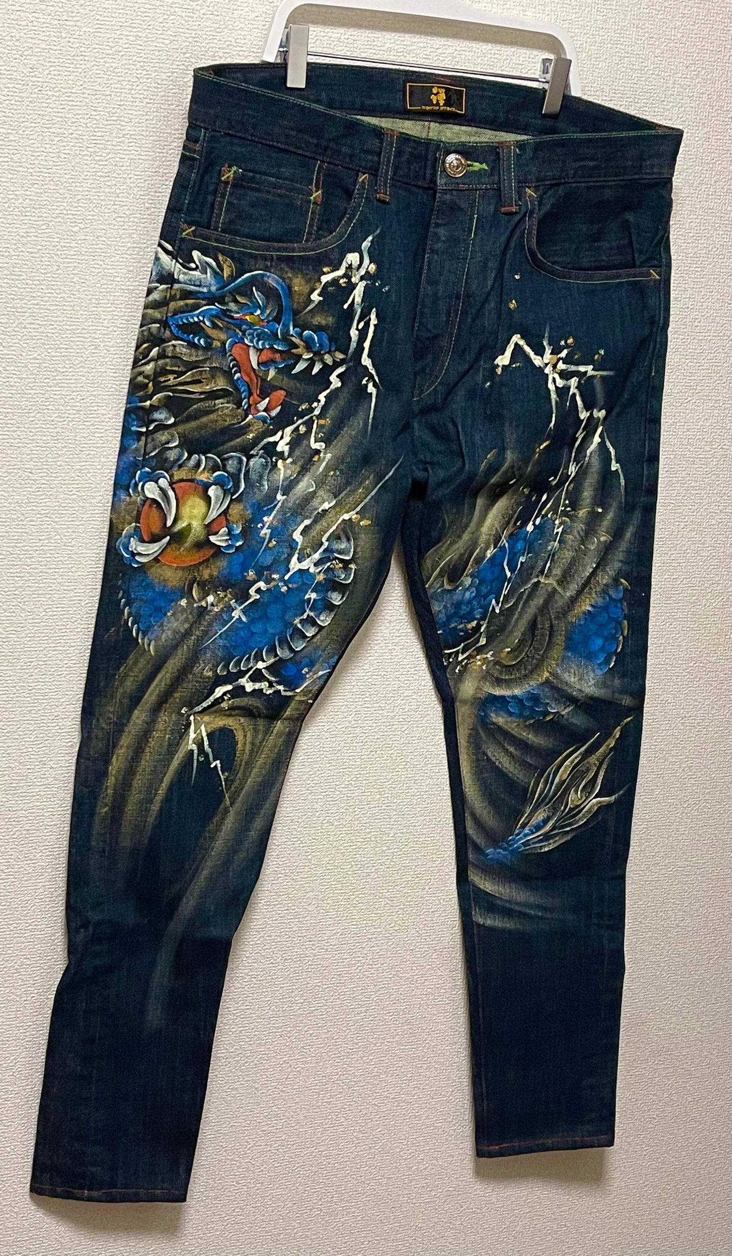 Vintage ZEN Premium Japanese Oni Shishi Hand Painted Art Denim Jeans | Made in Japan | Buddhist Guardian Yokai Streetwear