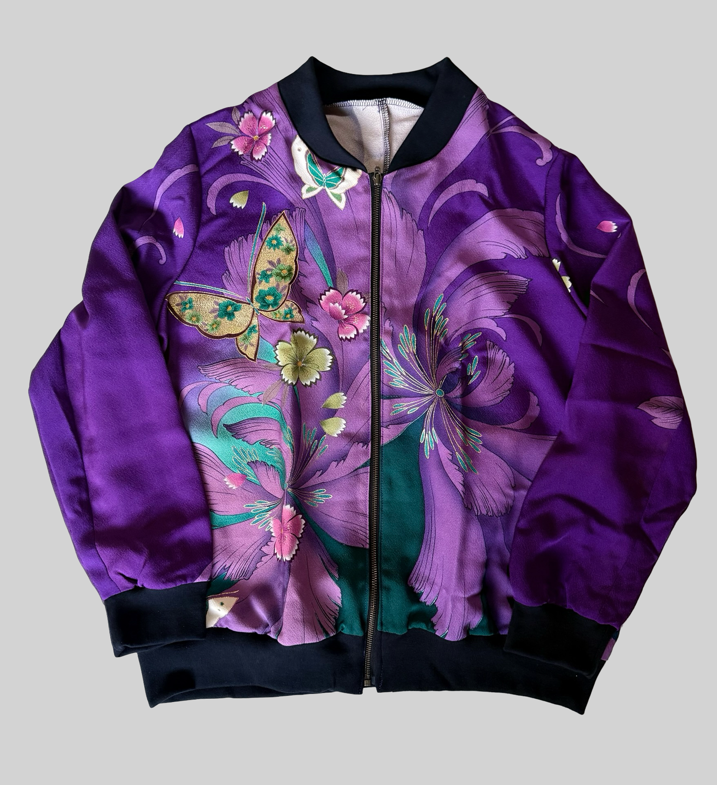 Kimono Remake Silk Bomber Jacket Purple Floral Butterfly Sukajan Japanese Upcycled Textile Art Piece