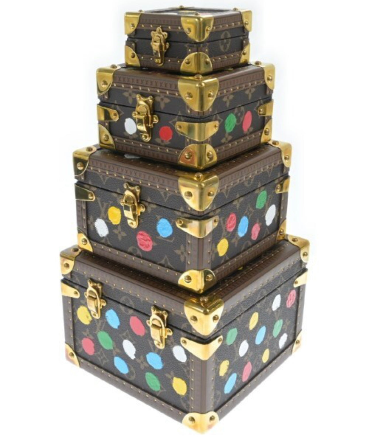 Louis Vuitton × Yayoi Kusama M10119 Painted Pyramid Jewelry Trunk Set · Limited Art Collab · 4-Piece Monogram Hard Case Collection (A Rank)