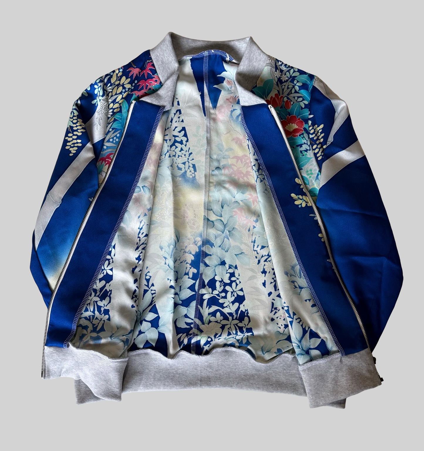 Vintage Kimono Remake Bomber Jacket Blue Floral Camellia Silk Upcycled Japanese Wearable Art Jacket Unisex Free Size S M