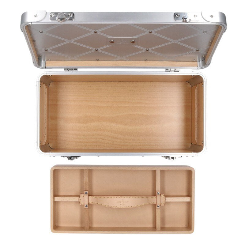 Louis Vuitton Silver Monogram Aluminium Trunk – Rare LV Aluminium Hardcase Box with Wooden Handle · A-Rank Collector Display Case