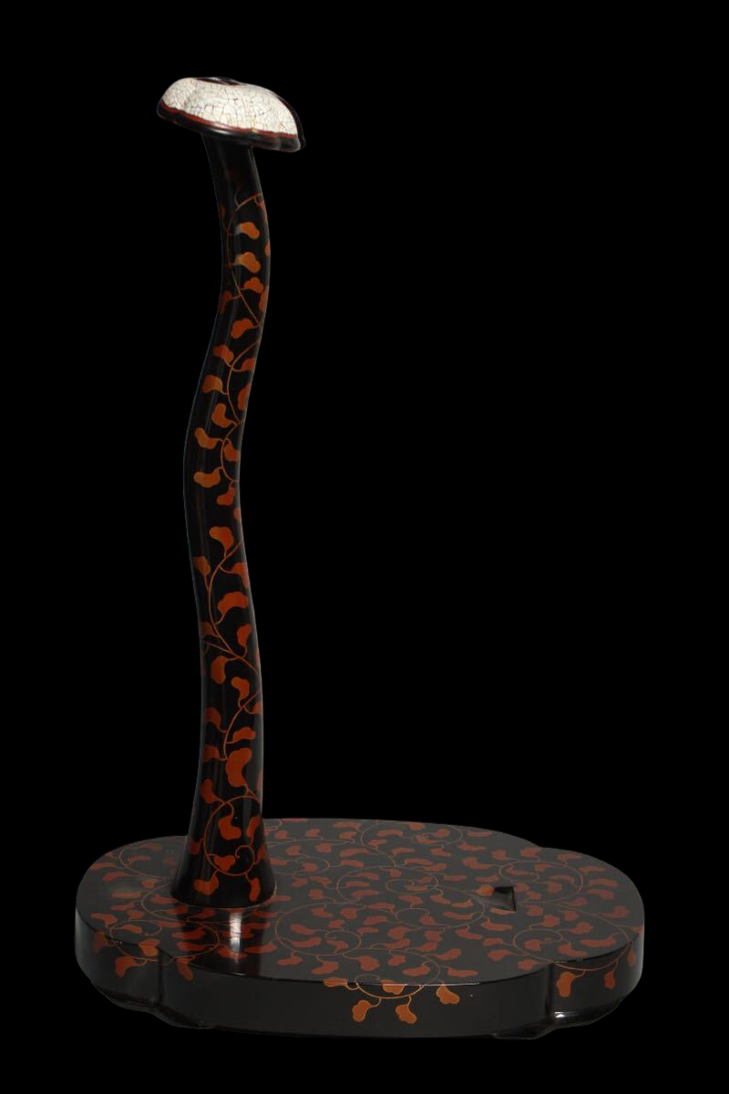 Antique Japanese Lacquer Tachi Sword Stand | Eggshell Crackle Top | Karakusa Vine Pattern | Decorative Arms Display