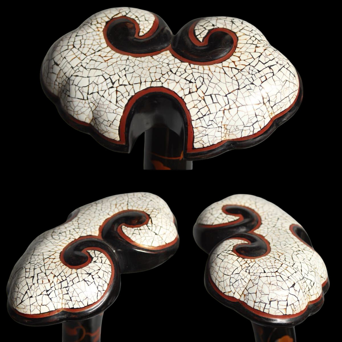 Antique Japanese Lacquer Tachi Sword Stand | Eggshell Crackle Top | Karakusa Vine Pattern | Decorative Arms Display