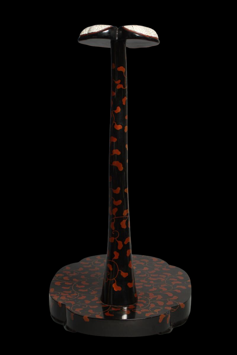 Antique Japanese Lacquer Tachi Sword Stand | Eggshell Crackle Top | Karakusa Vine Pattern | Decorative Arms Display