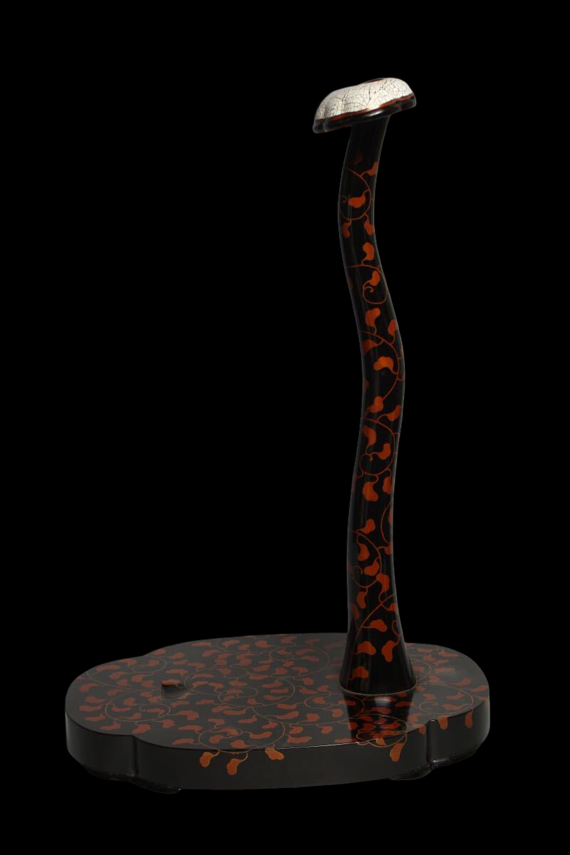 Antique Japanese Lacquer Tachi Sword Stand | Eggshell Crackle Top | Karakusa Vine Pattern | Decorative Arms Display