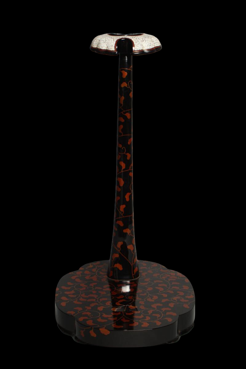 Antique Japanese Lacquer Tachi Sword Stand | Eggshell Crackle Top | Karakusa Vine Pattern | Decorative Arms Display