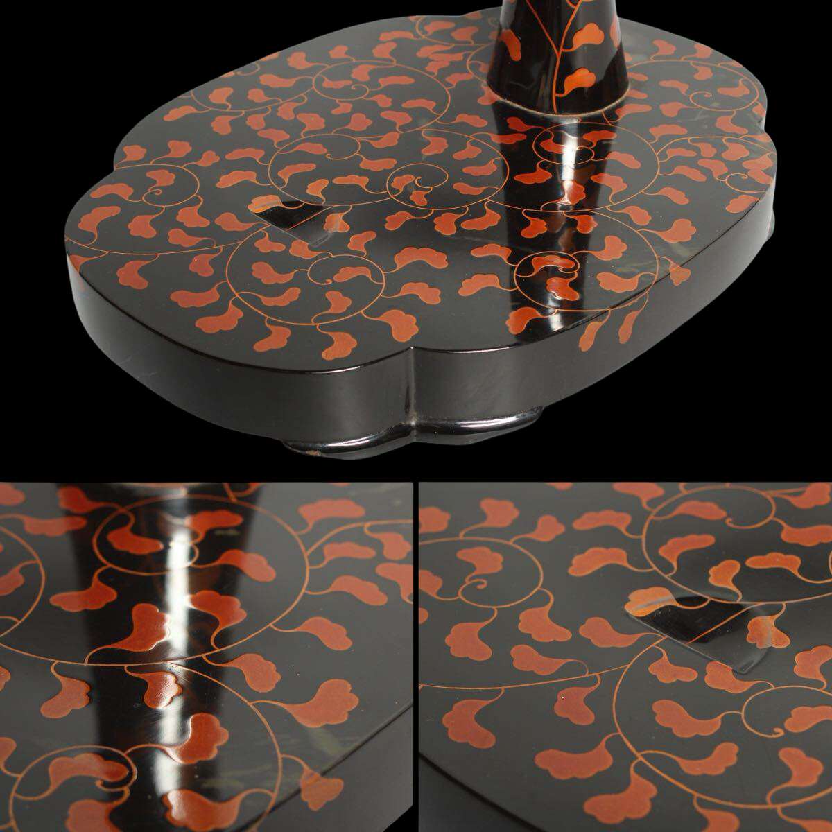 Antique Japanese Lacquer Tachi Sword Stand | Eggshell Crackle Top | Karakusa Vine Pattern | Decorative Arms Display