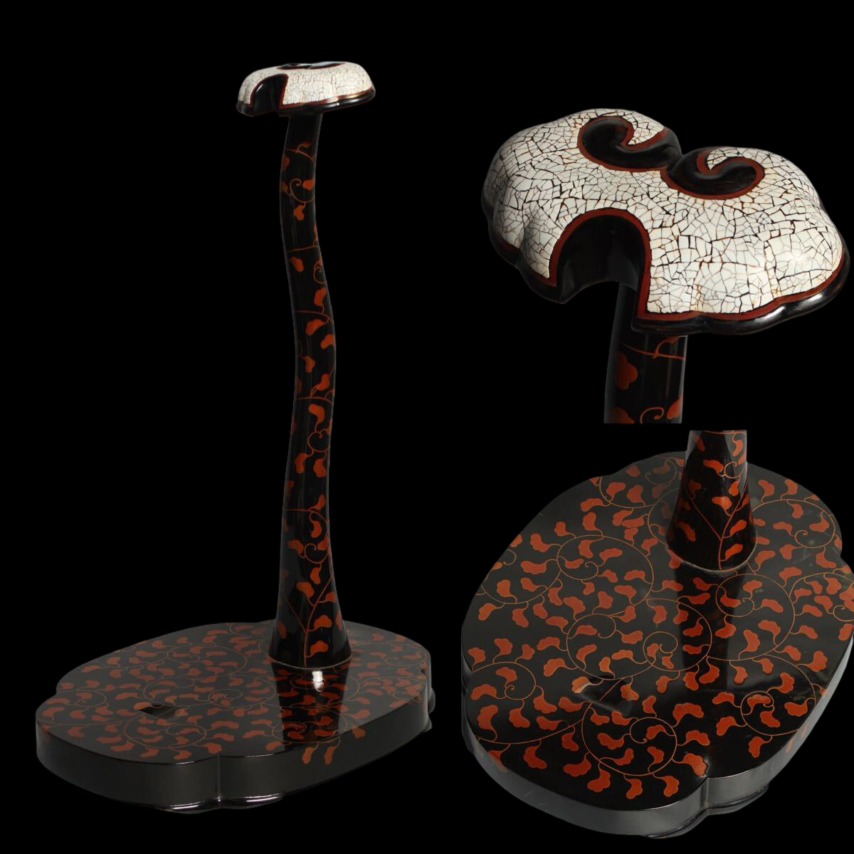 Antique Japanese Lacquer Tachi Sword Stand | Eggshell Crackle Top | Karakusa Vine Pattern | Decorative Arms Display