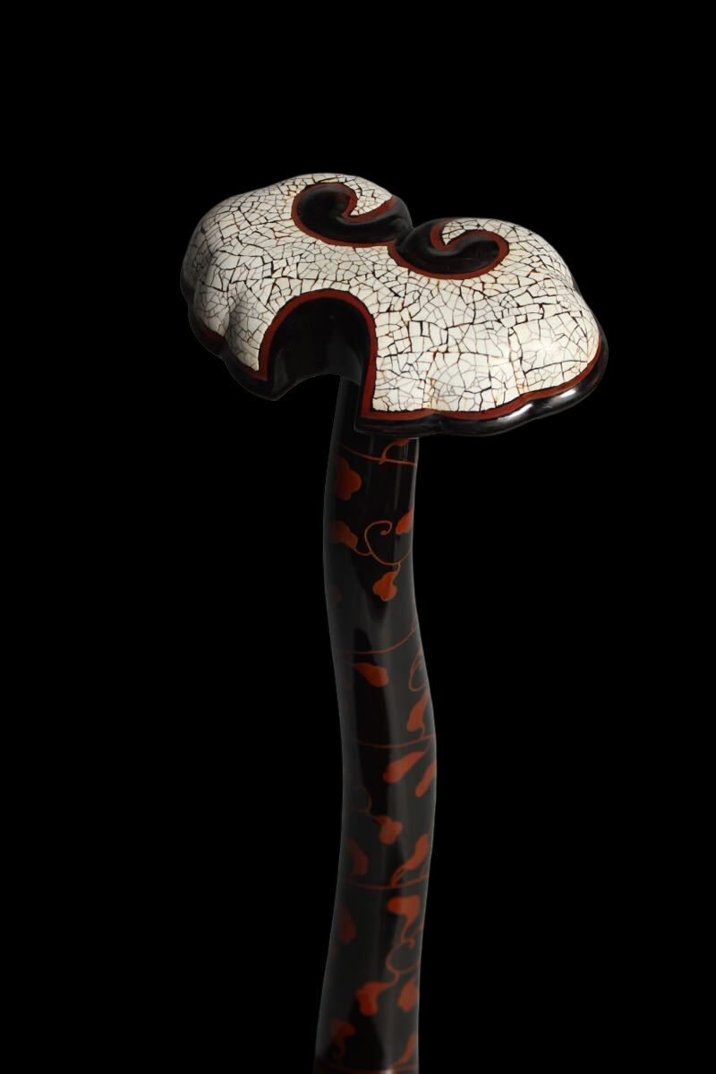 Antique Japanese Lacquer Tachi Sword Stand | Eggshell Crackle Top | Karakusa Vine Pattern | Decorative Arms Display