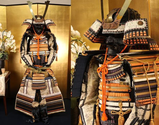 Full-Scale Samurai Armor Display (Kabuto & Gusoku Set) — Modern Japanese Armor with Silk Lacing, Helmet Stand Included