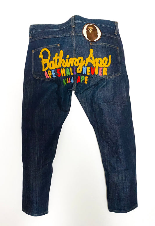 Vintage A Bathing Ape BAPE Embroidered "Ape Shall Never Kill Ape" Jeans | Made in Japan Denim | Color Logo Streetwear