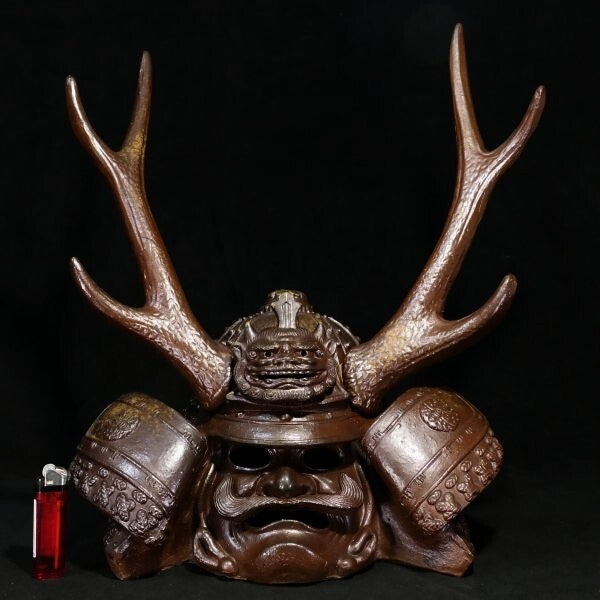 Bizen Ware Kabuto Helmet Okimono (Approx. 47 cm) | Samurai Helmet Sculpture | Japanese Ceramic Display Art Object
