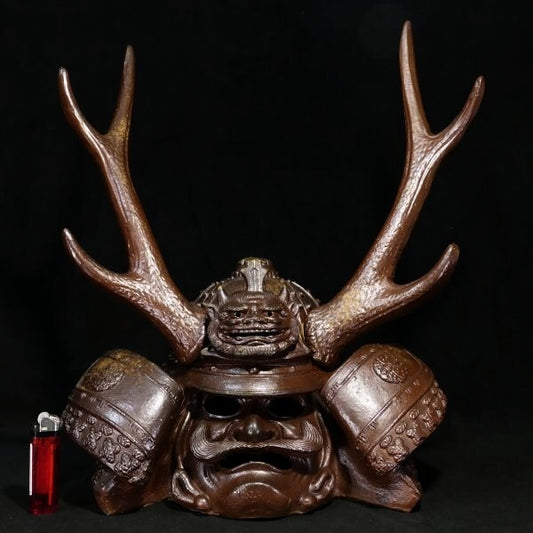 Bizen Ware Kabuto Helmet Okimono (Approx. 47 cm) | Samurai Helmet Sculpture | Japanese Ceramic Display Art Object