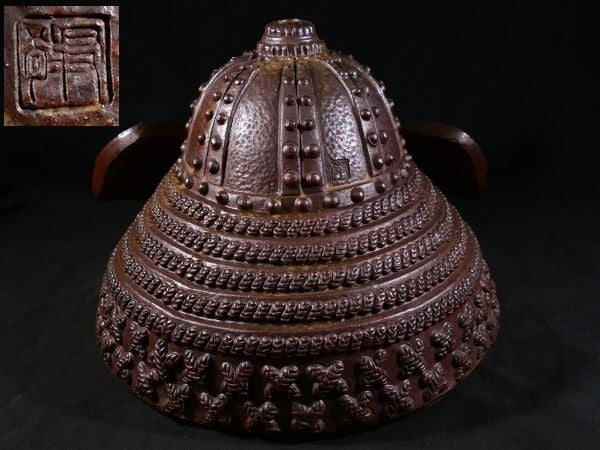 Bizen Ware Kabuto Helmet Okimono (Approx. 47 cm) | Samurai Helmet Sculpture | Japanese Ceramic Display Art Object