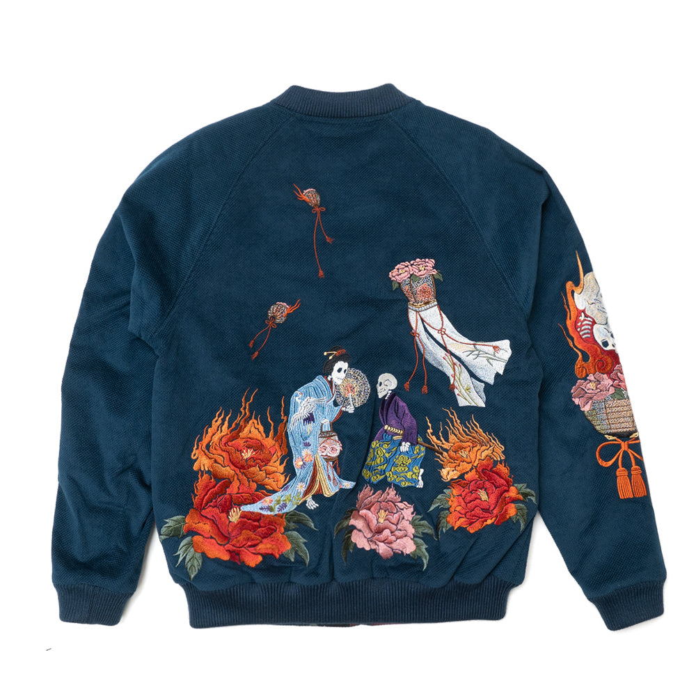 Dope Japonista Japonisme Japonesque Ukiyoe Style Botan Toro Peony Lantern Embroidered Sukajan Jacket Black M L XL (Dark Blue)