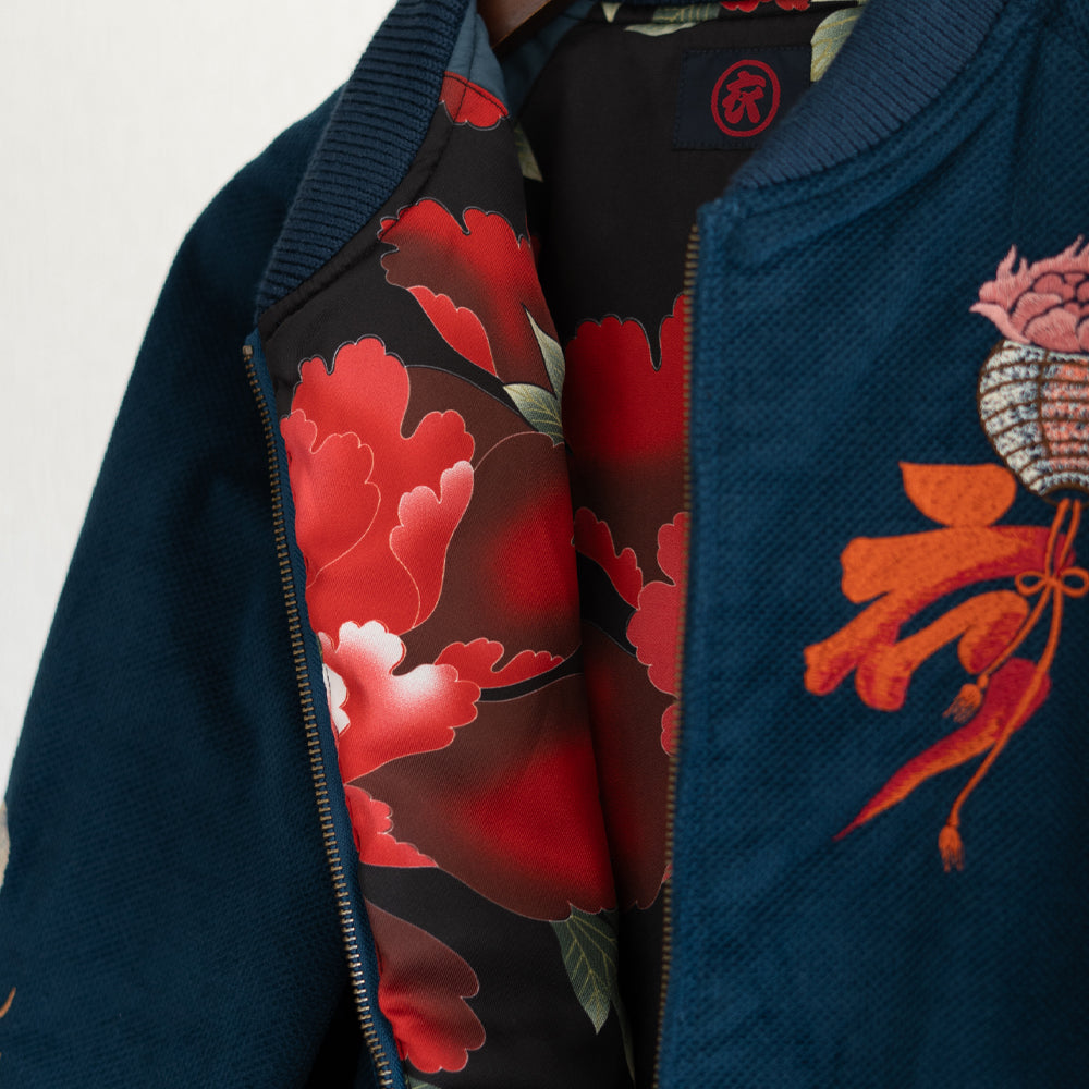 Dope Japonista Japonisme Japonesque Ukiyoe Style Botan Toro Peony Lantern Embroidered Sukajan Jacket Black M L XL (Dark Blue)