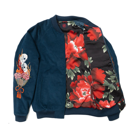 Dope Japonista Japonisme Japonesque Ukiyoe Style Botan Toro Peony Lantern Embroidered Sukajan Jacket Black M L XL (Dark Blue)