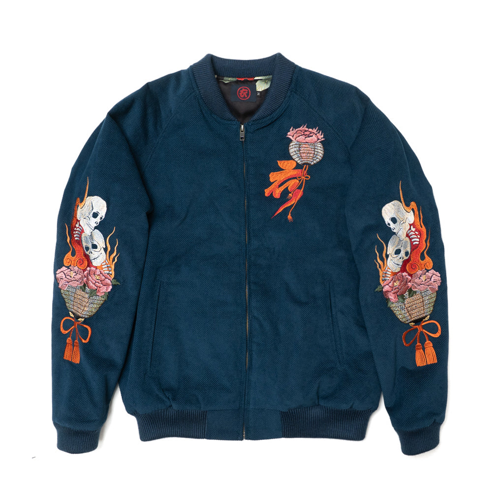 Dope Japonista Japonisme Japonesque Ukiyoe Style Botan Toro Peony Lantern Embroidered Sukajan Jacket Black M L XL (Dark Blue)