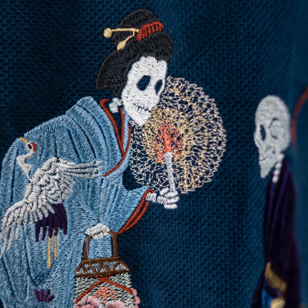 Dope Japonista Japonisme Japonesque Ukiyoe Style Botan Toro Peony Lantern Embroidered Sukajan Jacket Black M L XL (Dark Blue)