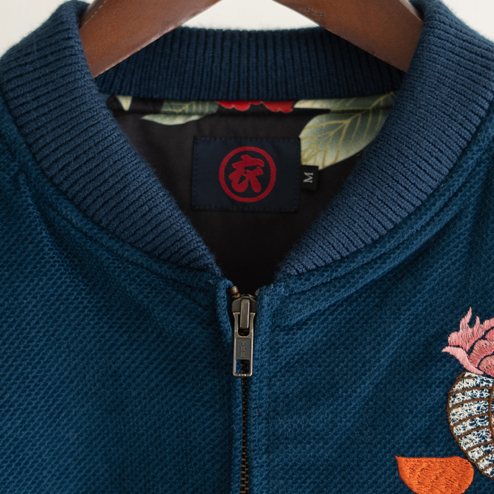 Dope Japonista Japonisme Japonesque Ukiyoe Style Botan Toro Peony Lantern Embroidered Sukajan Jacket Black M L XL (Dark Blue)