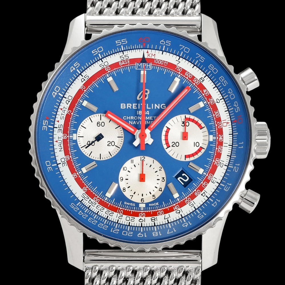 Breitling Navitimer B01 43 “Panama Edition” AB01212B1C1A1 Blue Dial Chronograph Stainless Steel Mesh Full Set A Rank