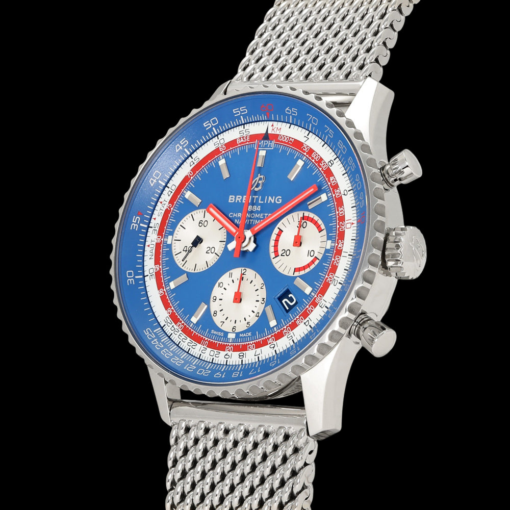 Breitling Navitimer B01 43 “Panama Edition” AB01212B1C1A1 Blue Dial Chronograph Stainless Steel Mesh Full Set A Rank