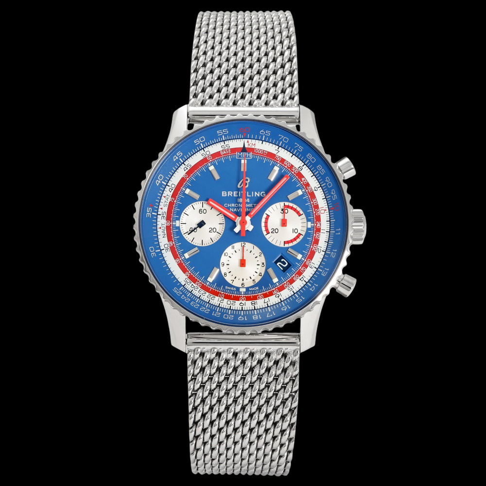 Breitling Navitimer B01 43 “Panama Edition” AB01212B1C1A1 Blue Dial Chronograph Stainless Steel Mesh Full Set A Rank